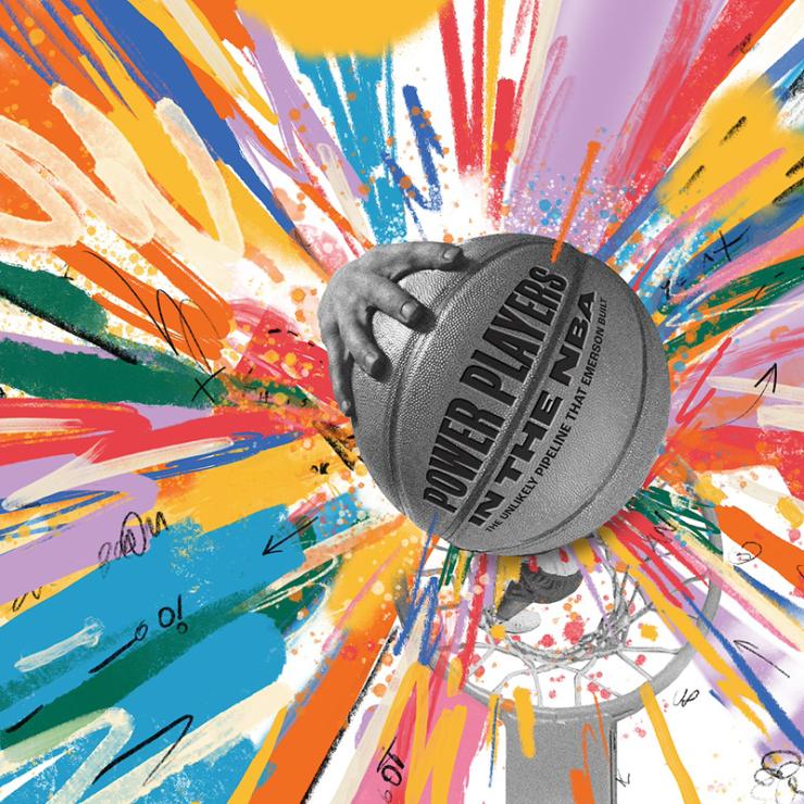 Colorful cover for Expression Magazine at Emerson College, highlighting its cover story "Power Players in the NBA: The Unlikely Pipeline That Emerson Built"