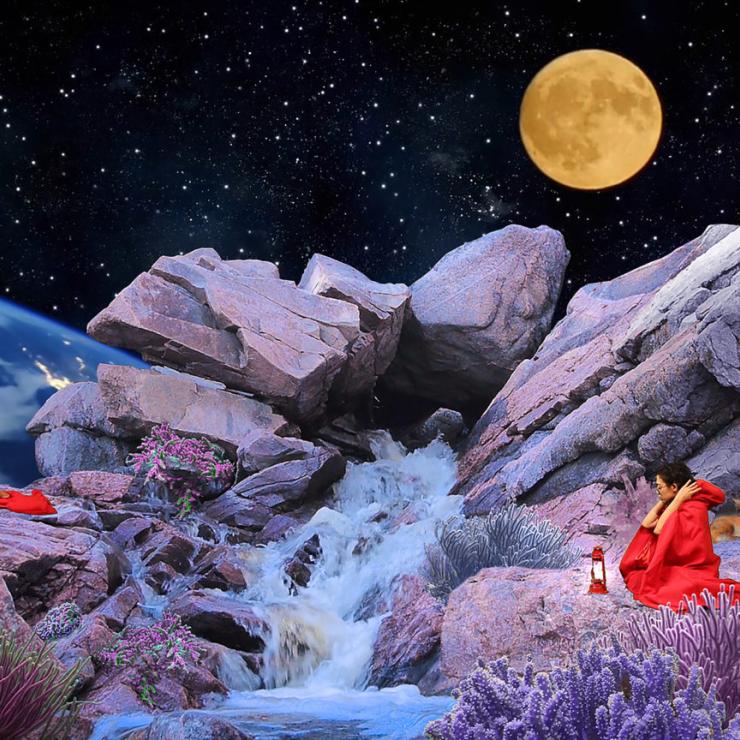 Digital illustration by Allison Maria Rodriguez that depicts two people on either side of the banks of a river under a full moon night.