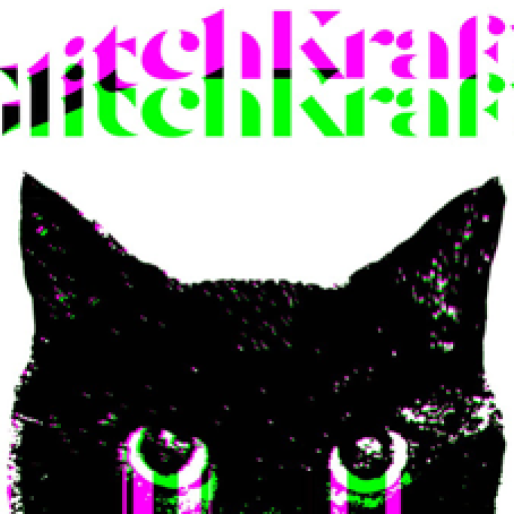 Black cat head with "GlitchKraft" text in purple and green