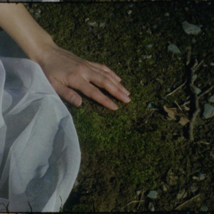 Still from "Reveries Echo of Touch" film, green mossy ground hand touching it with gauzy fabric in frame