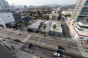 A downward view of a strip of buildings in Los Angeles