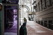 2 Boylston Place alleyway experiencing snowfall.