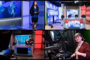 Screen split into 4 with news host, news room and television cameras shown