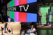 Screen split into 5 irregular-sized shapes all showing Tufte television studio backdrops, crew working in them and equipment