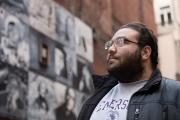 Student outside of Brattle Book Shop
