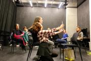students and faculty rehearse in classroom at emerson los angeles