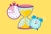 Illustration of hourglass, surrounded by clocks