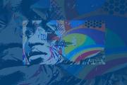 Wall mural of face and designs, cast in a dark blue palette