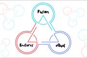 A flowchart of a triangle connecting three circles labeled Fusion, EmCares, and eQual.