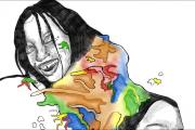 A hand-drawn illustration of a person with long hair, smiling, flanked by pieces of land on a map. The land pieces are in color while the person is in black and white.