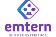 Icons in a square - house, chat bubble, two people, graduation cap above text Emtern Summer Experience