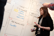 A student glancing at a dry-erase board laden with diagrams while holding multiple markers