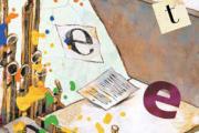 A watercolor illustration featuring a few letters, especially the letter "E" in lowercase