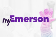 myEmerson Logo with Emerson College mascot Griff's arm waving in the background.