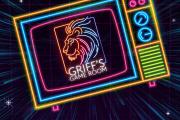 neon style logo of Griff the lion on a TV