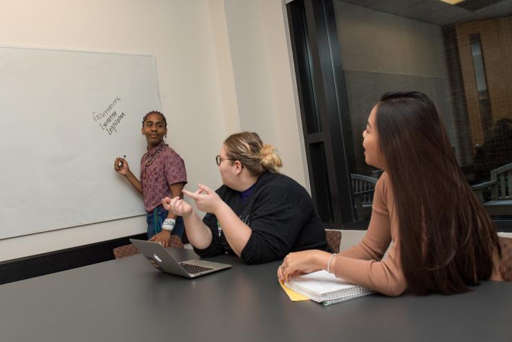 group of students planning a project on a white board