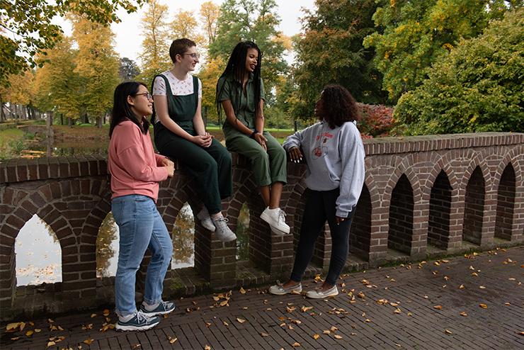 Four students stand in a group talking on the Kasteel Well Bridge
