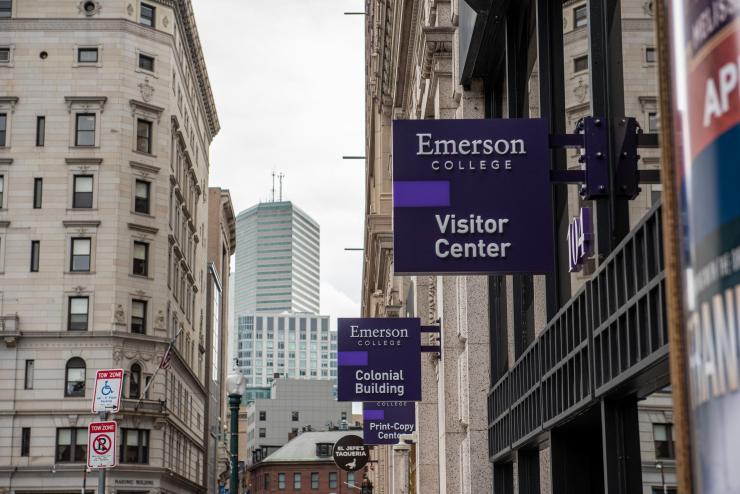 Emerson College signs for the Visitor Center and Colonial Building on Boylston Street