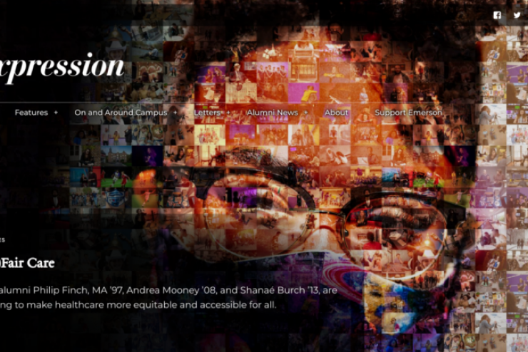 Screenshot of the front page of Expression website which is a composite image of a student wearing a mask with overlaid text that says Expression