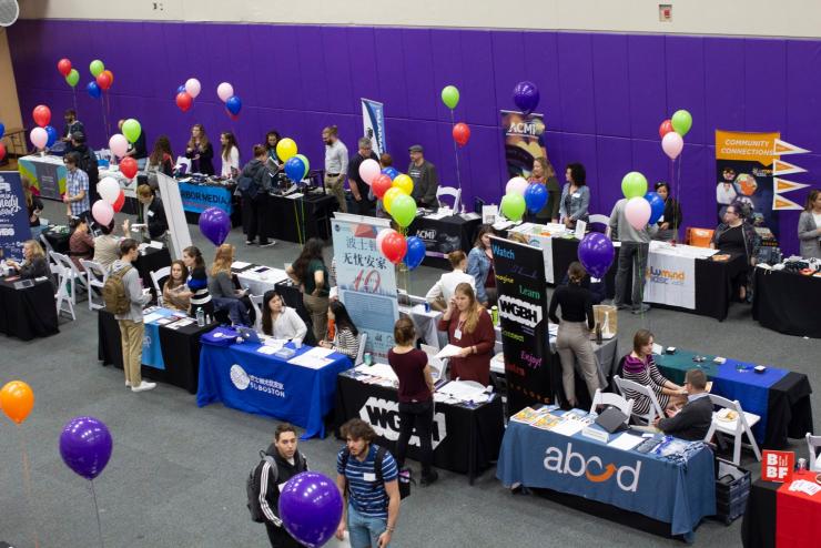 Overhead shot of students and employers at the Internship Fair