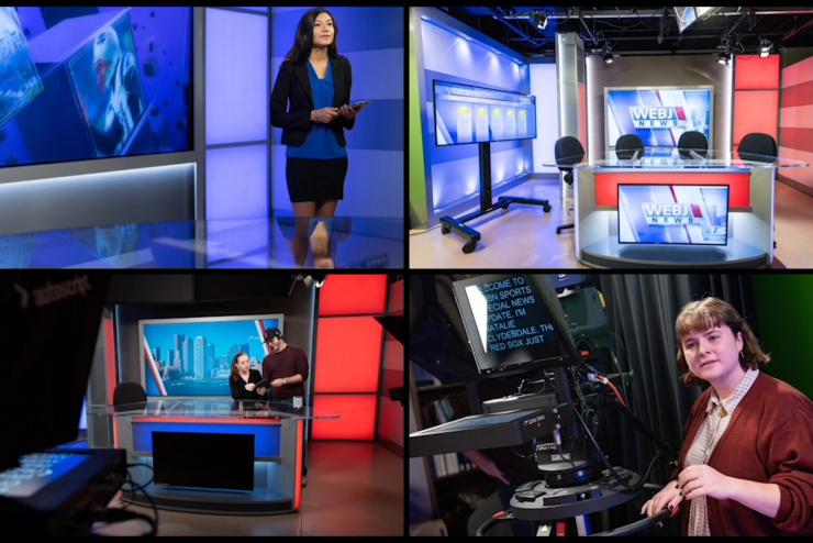 Screen split into 4 with news host, news room and television cameras shown