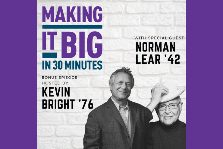 Kevin Bright and Norman Lear posing next to the "Making it Big" logo