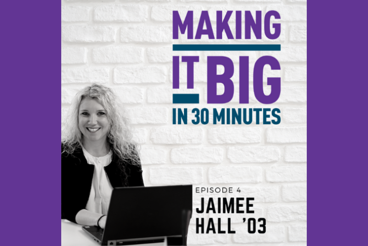 Jamie Hall posing next to the "Making It Big" logo