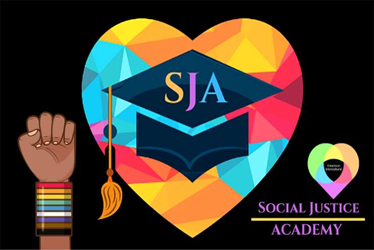 Graphic showing "SJA" on a graduation cap inside a multi-colored heart. In the bottom right hand corner, "Social Justice Academy" is displayed in regal font. 