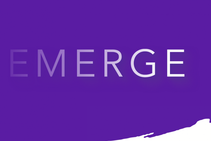 "Emerge" written with blurred effect against purple background