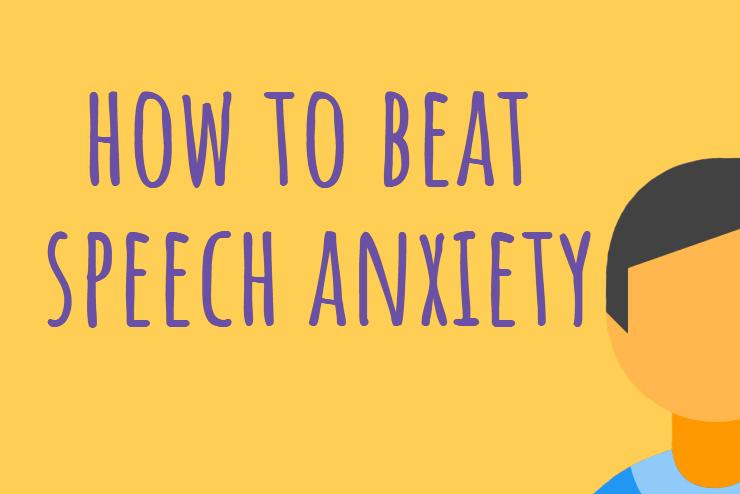 How to Beat Speech Anxiety in purple text with yellow backdrop and infographic of half a face