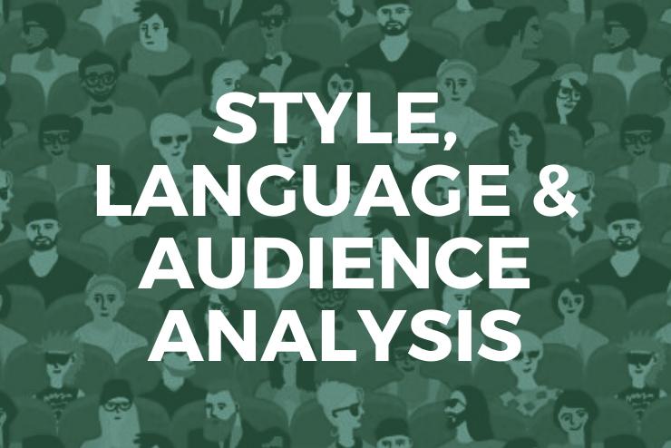Style, Language & Audience Analysis in white text against green backdrop of people