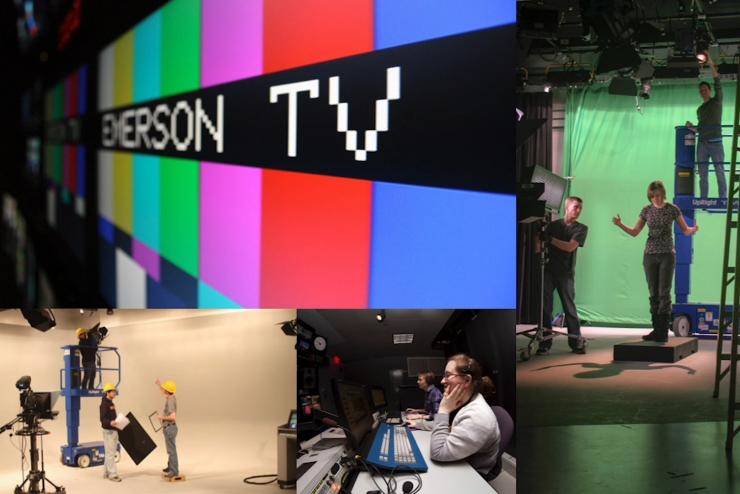 Screen split into 5 irregular-sized shapes all showing Tufte television studio backdrops, crew working in them and equipment