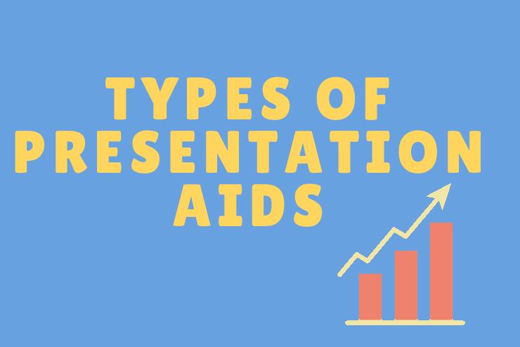 Types of Presentation Aids in orange text against blue background and infographic of a bar graph