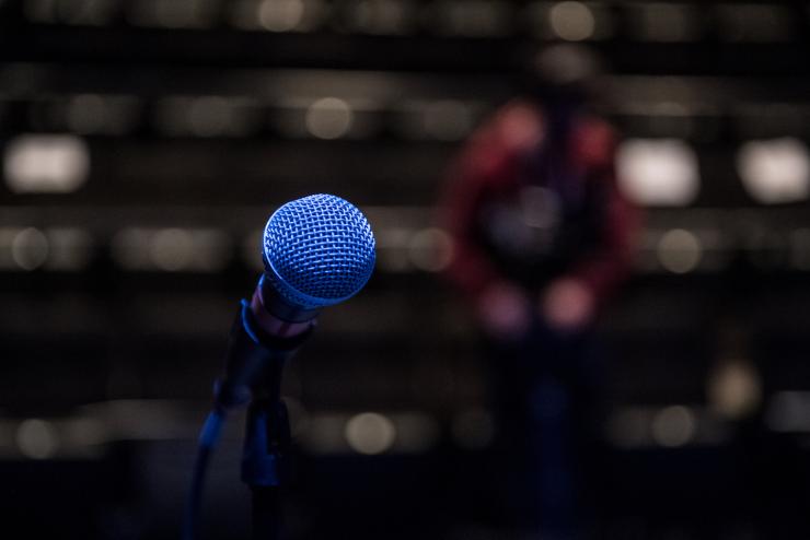 A photo of a microphone with an audience in the background