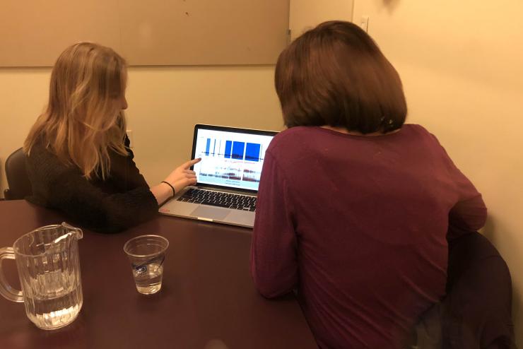 Two women sitting at a computer, performing a speech exercise