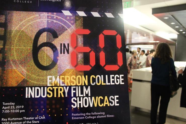 Photo of poster for 6 in 60 Emerson College Industry Film Showcase outside event room