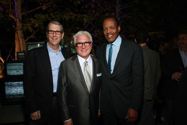 President Lee Pelton standing with two other leaders at Emerson Los Angeles
