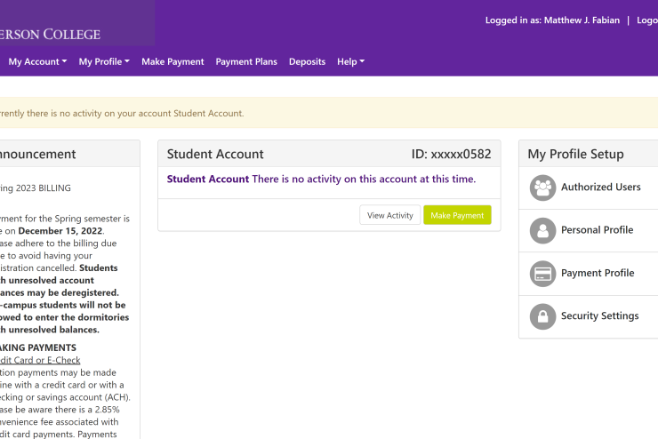 A screenshot of the TouchNet page
