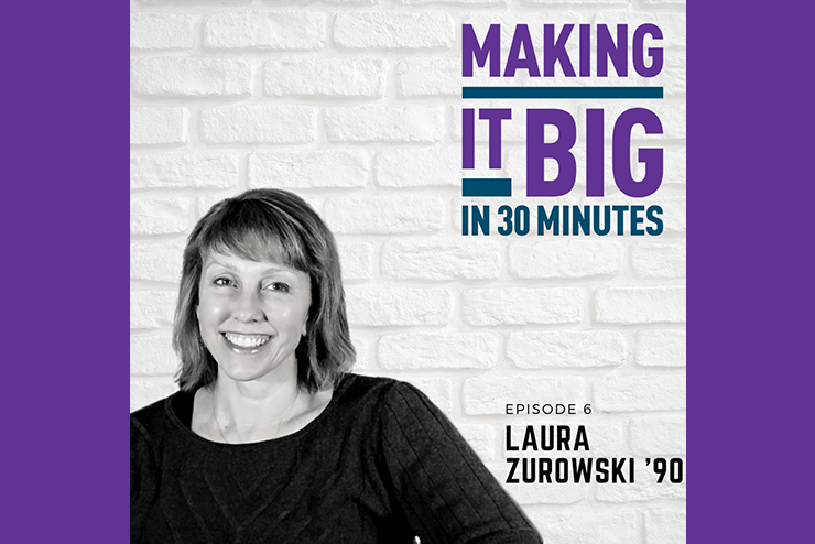 Artist Laura Zurowski posing next to the "Making It Big" logo