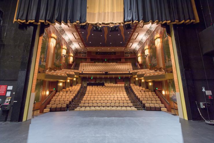 A view of the Robert J Orchard Stage in the Paramount Center, perspective from the stage looking at the seats in the audience