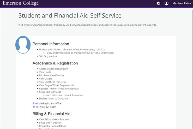 A screenshot of the Student and Financial Aid Self Service page
