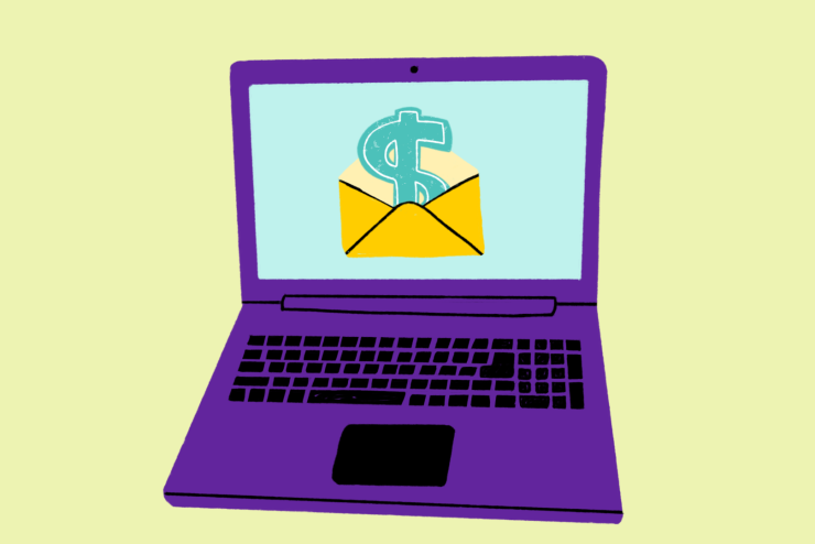 Illustration of laptop displaying an envelope with a dollar symbol emerging out of it
