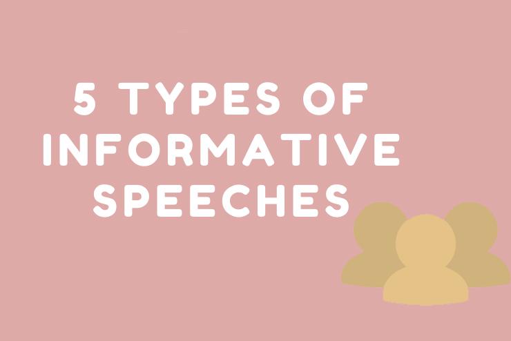 5 Types of Informative Speeches in white text against light orange background
