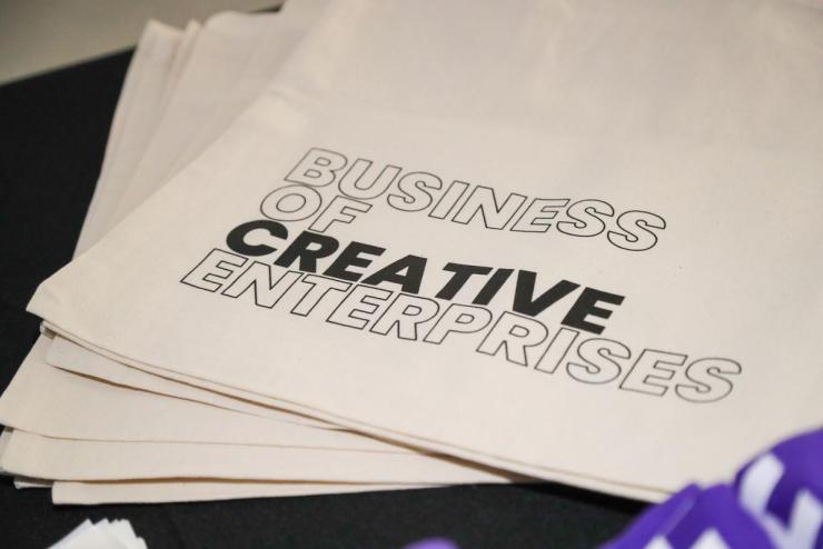 Tote bags labeled with "Business of Creative Enterprises" given out at the 2022 BCE Awards Ceremony