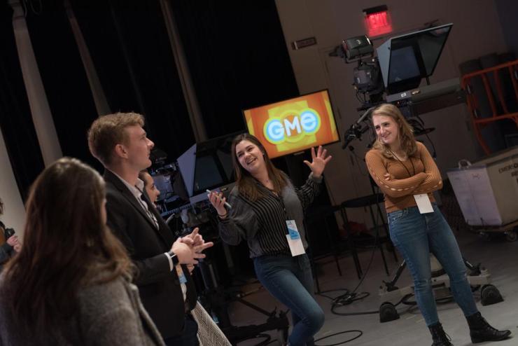 Students on set of Good Morning Emerson, a broadcast news production