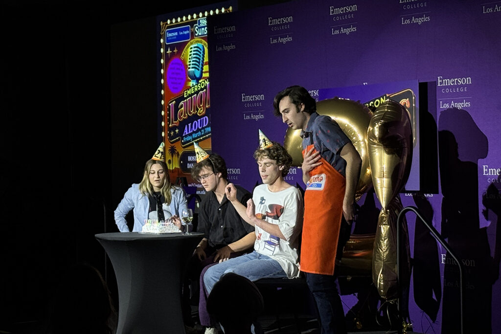 Left to right, Sydney Schiller, Ethan Dale, Owen Asch, and W. Cooper Smith perform a sketch for Emerson Laughs Aloud! Photo/Daryl Paranada