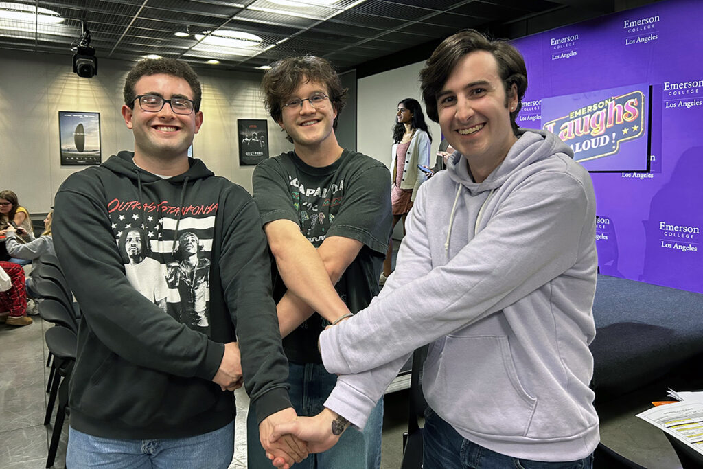 Emerson Laughs Aloud! producers, left to right, Jack Reisman ’25, Ethan Dale ’25, and W. Cooper Smith ’25 before the show.