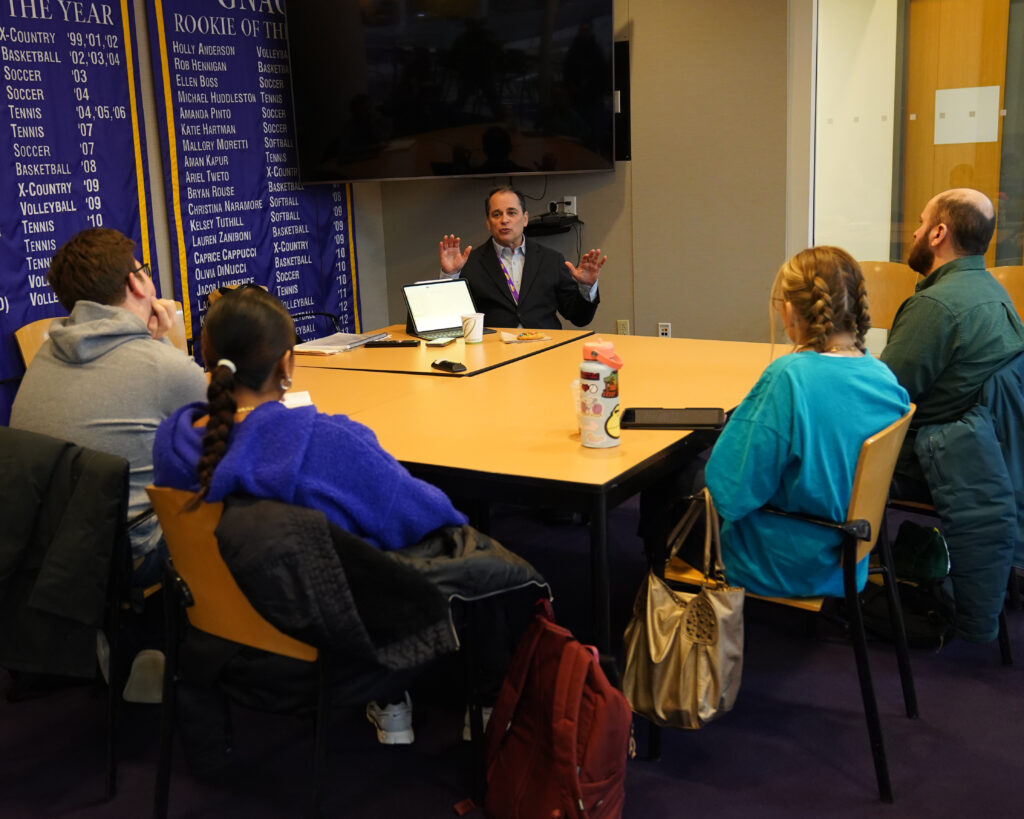 Tim Neverett '88 speaks about his career as a professional broadcaster at a workshop in the Skybox at the Bobbi Brown and Steve Plofker Gym on February 11, 2026.
