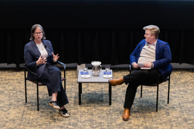 Communication Studies Associate Professor and Graduate Program Director Mary Anne Taylor, right, moderated a discussion with Jane McManus. (Photo by Celia Abbott '27)