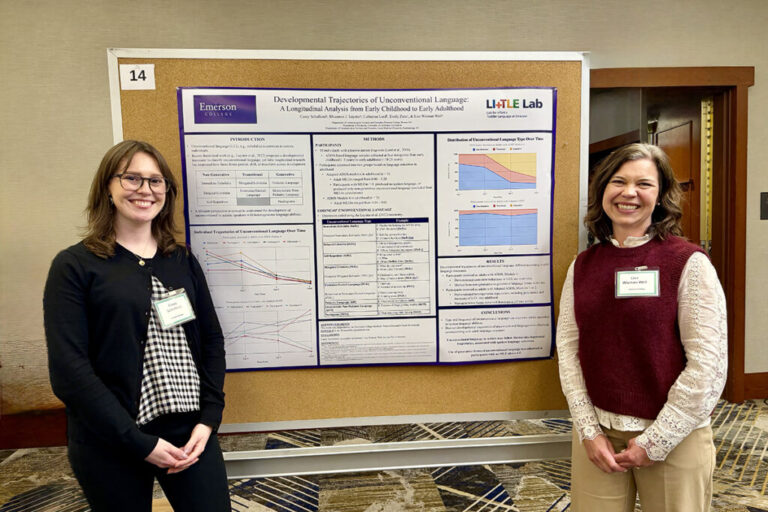 CSD graduate student Casey Schulkind, left and her thesis advisor Assistant Professor Lisa Wisman Weil present at the Meeting on Language in Autism (MoLA) in March 2026. Photo courtesy of CSD